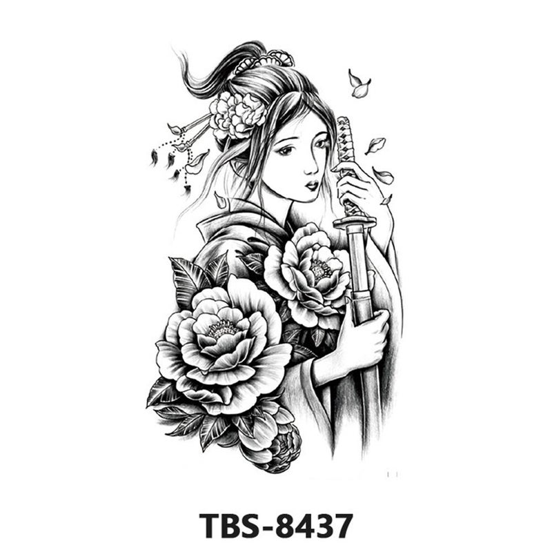 Waterproof temporary tattoo stickers, full sleeve geisha temporary tattoo stickers, large image, black and white, color, full sleeve tattoo, 1 piece.